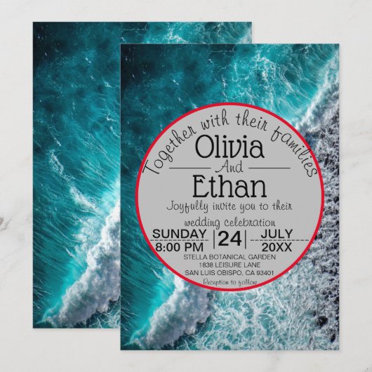 エレガント海ブルーウェーブ結婚式招待状 招待状 (正面/裏面)
