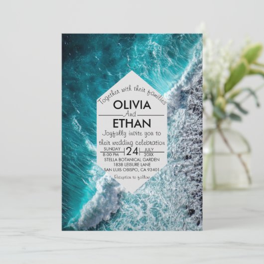 エレガント海ブルーウェーブ結婚式招待状 招待状 (スタンド正面)