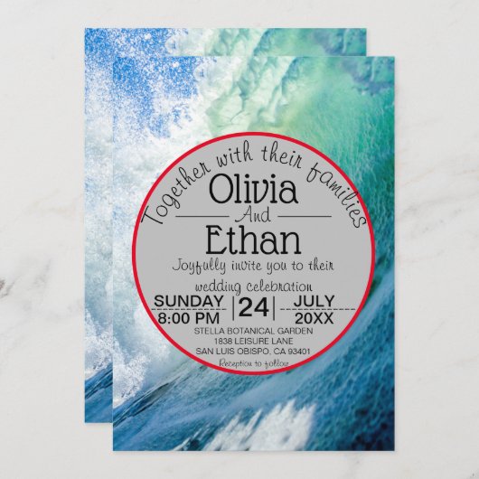 エレガント海ブルーウェーブ結婚式招待状 招待状 (正面/裏面)