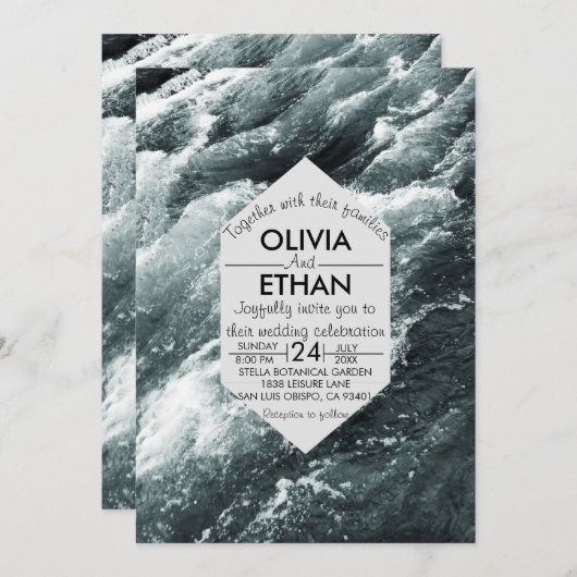 エレガント海ブルーウェーブ結婚式招待状 招待状 (正面/裏面)