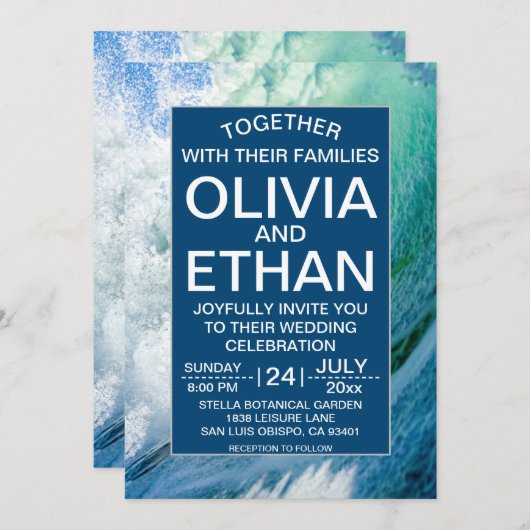 エレガント海ブルーウェーブ結婚式招待状 招待状 (正面/裏面)