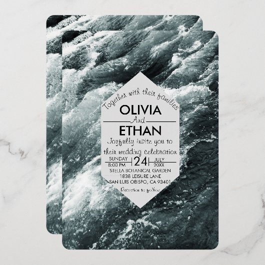 エレガント海白黒結婚波 箔招待状 (正面/裏面)
