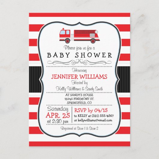 エレガント消防車ベビーシャワー招待状 インビテーションポストカード (正面)