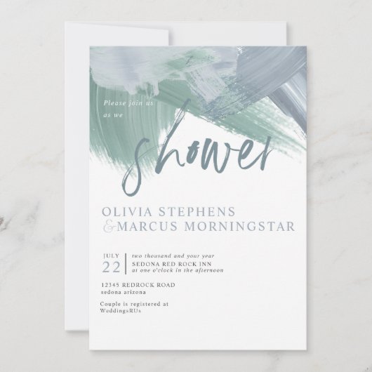 エレガント淡い色のほこりっぽい青抽象芸術の筆跡 招待状 (正面)