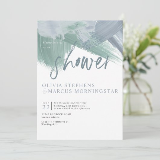 エレガント淡い色のほこりっぽい青抽象芸術の筆跡 招待状 (スタンド正面)