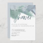 エレガント淡い色のほこりっぽい青抽象芸術の筆跡 招待状 (正面/裏面)