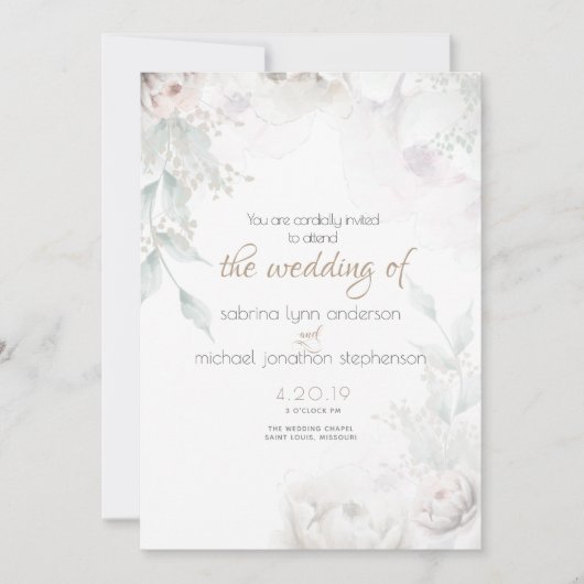 エレガント淡い色の赤面サンゴ白牡丹 招待状 (正面)