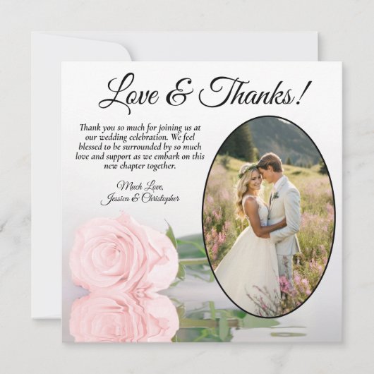 エレガント淡い色の赤面ピンクローズオーバルフォト結婚ズ サンキューカード (正面)