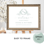 エレガント淡い色のGreen Monogram結婚の歓迎サイン ポスター