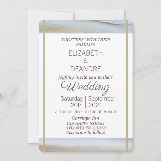 エレガント淡い青の金ゴールドモダンビーチ結婚式 招待状 (正面)