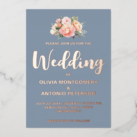 エレガント淡モダンピンク牡丹ダスティブルー結婚ズ 箔招待状 (正面)