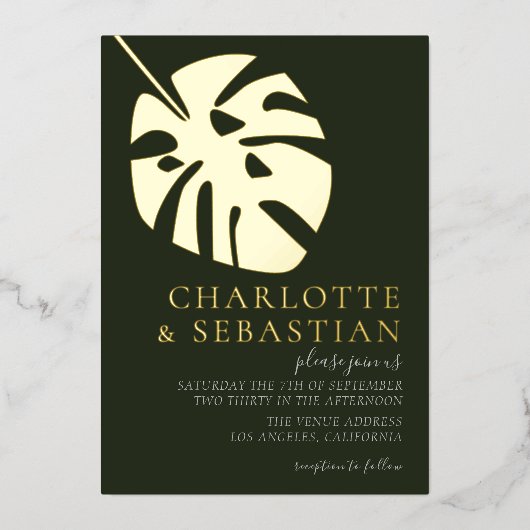 エレガント深いグリーンフォト結婚ズパーソナライズされた 箔招待状 (正面)