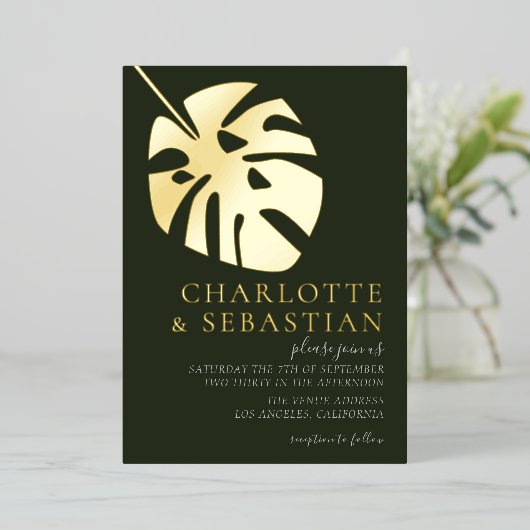 エレガント深いグリーンフォト結婚ズパーソナライズされた 箔招待状 (立ち正面)