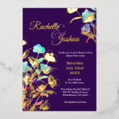 エレガント深いパープルと金ゴールドフローラ結婚ズ 箔招待状 (正面)