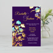 エレガント深いパープルと金ゴールドフローラ結婚ズ 箔招待状 (立ち正面)