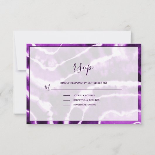 エレガント深いパープル大理石ろうけつ染めウェディングRSVPカード 出欠カード (正面)