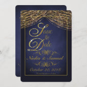 エレガント深いブルーと金ゴールドグリッター日付の保存 セーブザデート (正面/裏面)