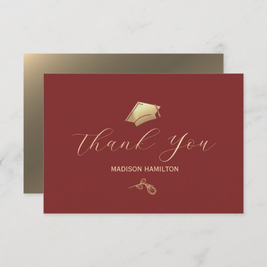 エレガント深い赤と金ゴールド卒業パーティー サンキューカード (正面/裏面)