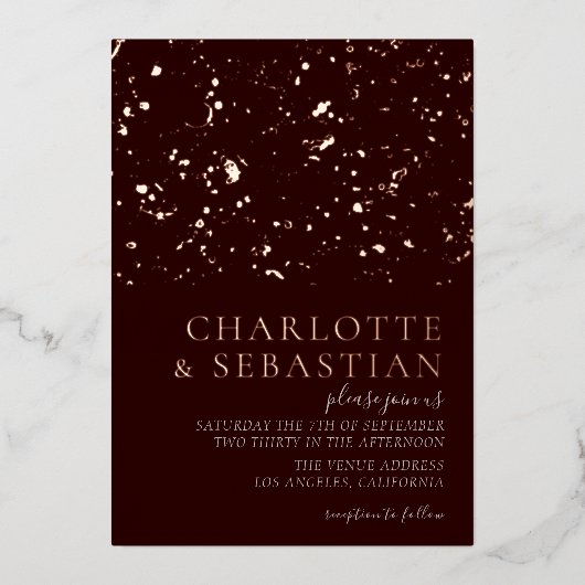 エレガント深い赤結婚写真パーソナライズされた 箔招待状 (正面)