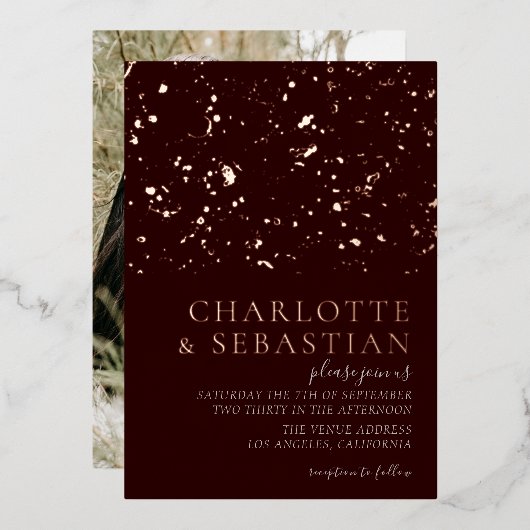 エレガント深い赤結婚写真パーソナライズされた 箔招待状 (正面/裏面)