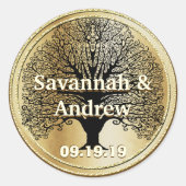 エレガント渦巻きブラックツリー金ゴールド結婚シール ラウンドシール (正面)