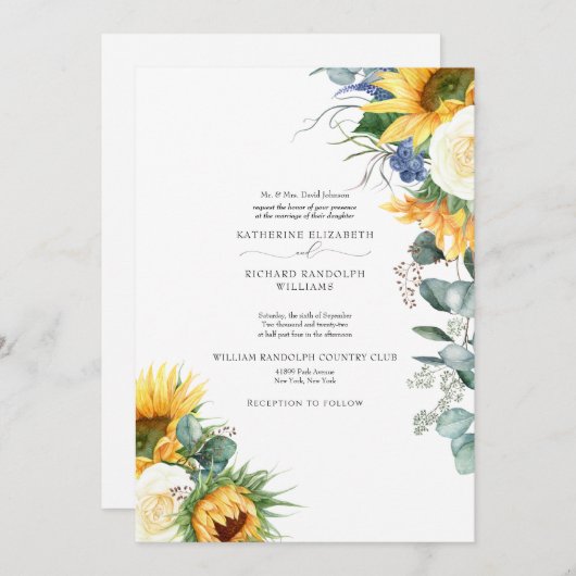 エレガント滴下ひまわり結婚フローラ 招待状 (正面/裏面)