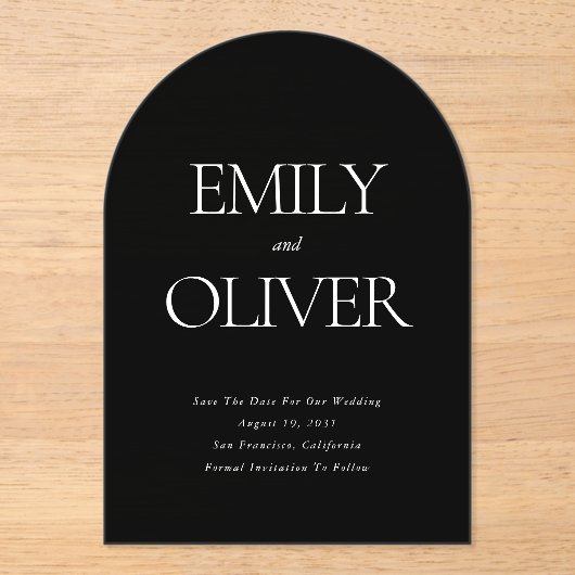 エレガント無地の黒のアーチ形結婚の アクリル招待状 (正面)