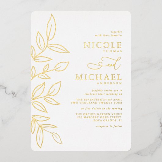 エレガント焼きオミニマルレンジ結婚金ゴールド 箔招待状 (正面)