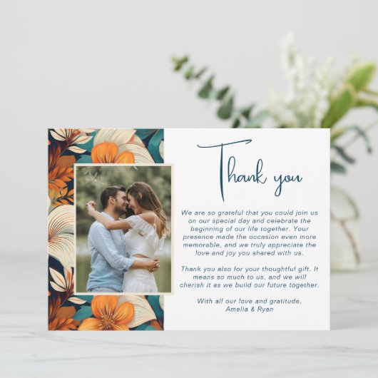 エレガント熱帯の花のフローラ結婚の写真 サンキューカード (スタンド正面)