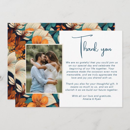 エレガント熱帯の花のフローラ結婚の写真 サンキューカード (正面/裏面)