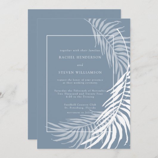 エレガント熱帯ほこりっぽい青と白結婚の 招待状 (正面/裏面)