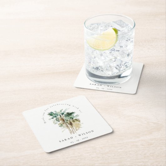 エレガント熱帯水色のヤシ結婚の木 スクエアペーパーコースター (インサイチュ)