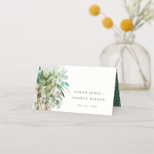 エレガント熱帯水色のヤシ結婚の木 プレイスカード (正面)