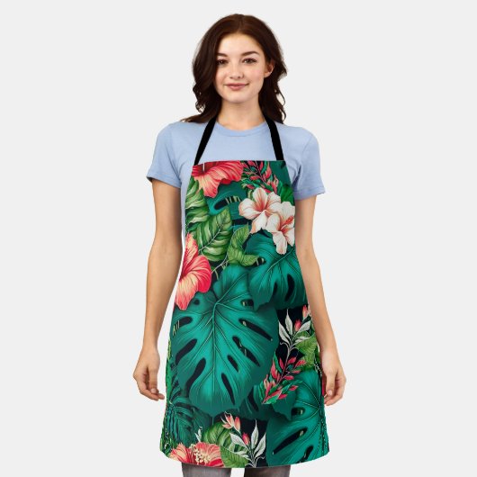 エレガント熱帯葉の花とハイビスカス | エプロン (着用した状態)