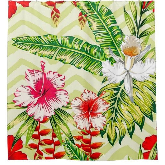 エレガント熱帯葉の花とハイビスカス | シャワーカーテン (正面)