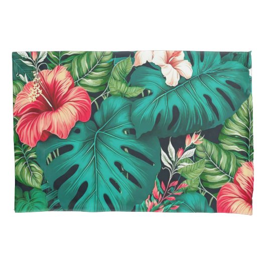 エレガント熱帯葉の花とハイビスカス | 枕カバー (正面左)