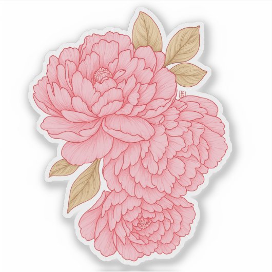 エレガント牡丹 – ソフトピンクフローライラストレーション シール (正面)