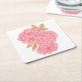 エレガント牡丹 – ソフトピンクフローライラストレーション スクエアペーパーコースター (アングル)