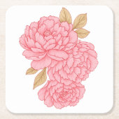 エレガント牡丹 – ソフトピンクフローライラストレーション スクエアペーパーコースター (正面)