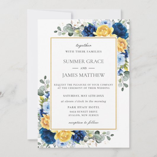 エレガント王室のダスティブルーフローラ結婚ズ 招待状 (正面)