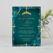 エレガント王室のティール（緑がかった色）バラキンセアニェラ 箔招待状 (立ち正面)