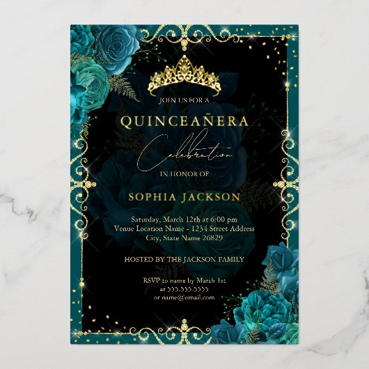 エレガント王室のティール（緑がかった色）金ゴールドバラキンセアニェラ 箔招待状 (正面)