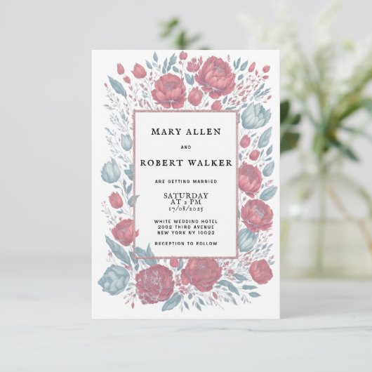 エレガント珊瑚桃色ライトブルーフローラフレ結婚ーム 招待状 (スタンド正面)