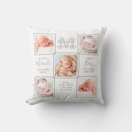 エレガント生まれたばかりのパーソナライズされたベビー5 Photo Collage クッション (正面)