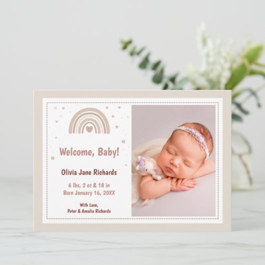 エレガント生まれたばかりのモダン女のベビー誕生 案内状 (スタンド正面)