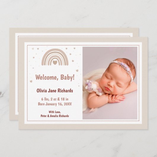 エレガント生まれたばかりのモダン女のベビー誕生 案内状 (正面/裏面)