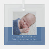 エレガント生まれたばかりの男の赤ちゃんフォトブルー誕生Keepsake ガラスオーナメント (正面)