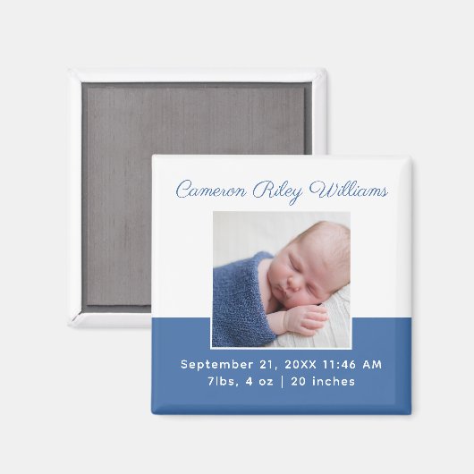 エレガント男の赤ちゃん写真青の誕生発表 マグネット (正面/裏面)