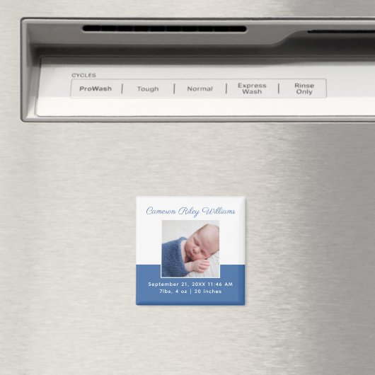 エレガント男の赤ちゃん写真青の誕生発表 マグネット (インサイチュ (食洗機))