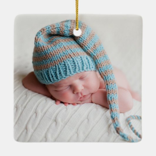 エレガント男の赤ちゃん生まれたばかりの写真ブルーのクリスマスプレゼント セラミックオーナメント (裏面)